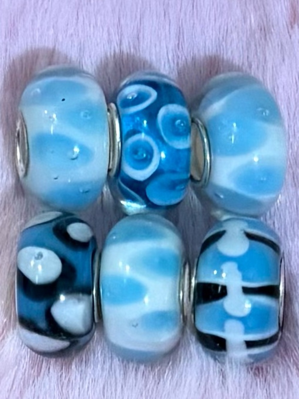 6 Blue and White Glass Murano Spacer Bead Set $10 each